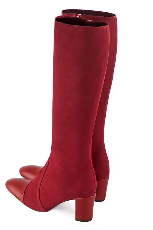 Cardinal red women's feminine knee-high boots. Round toe. Medium block heels. Made to measure. Rear view - Florence KOOIJMAN